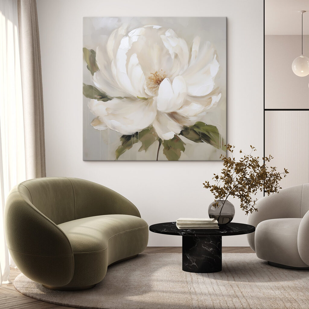 Witte pioen met penseelranden — interieur 2
