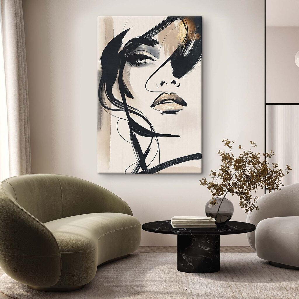 Schilderij van het gezicht van een vrouw in een interieur