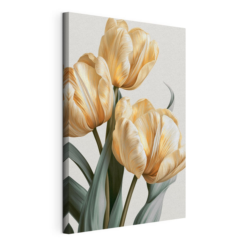 Gouden tulpen op grijsgroen, gespannen canvas met doorlopende rand