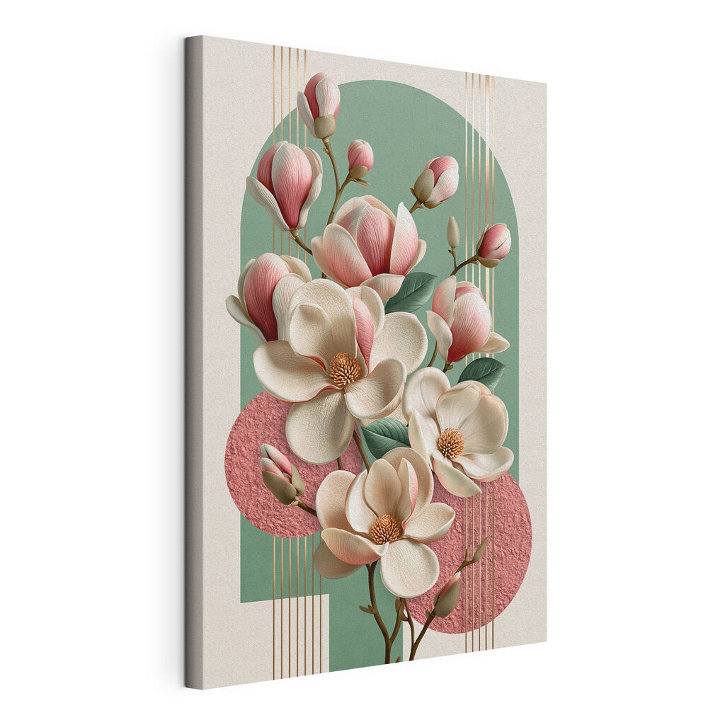 Magnolia voor roze reliëfcirkels, gespannen canvas met doorlopende rand