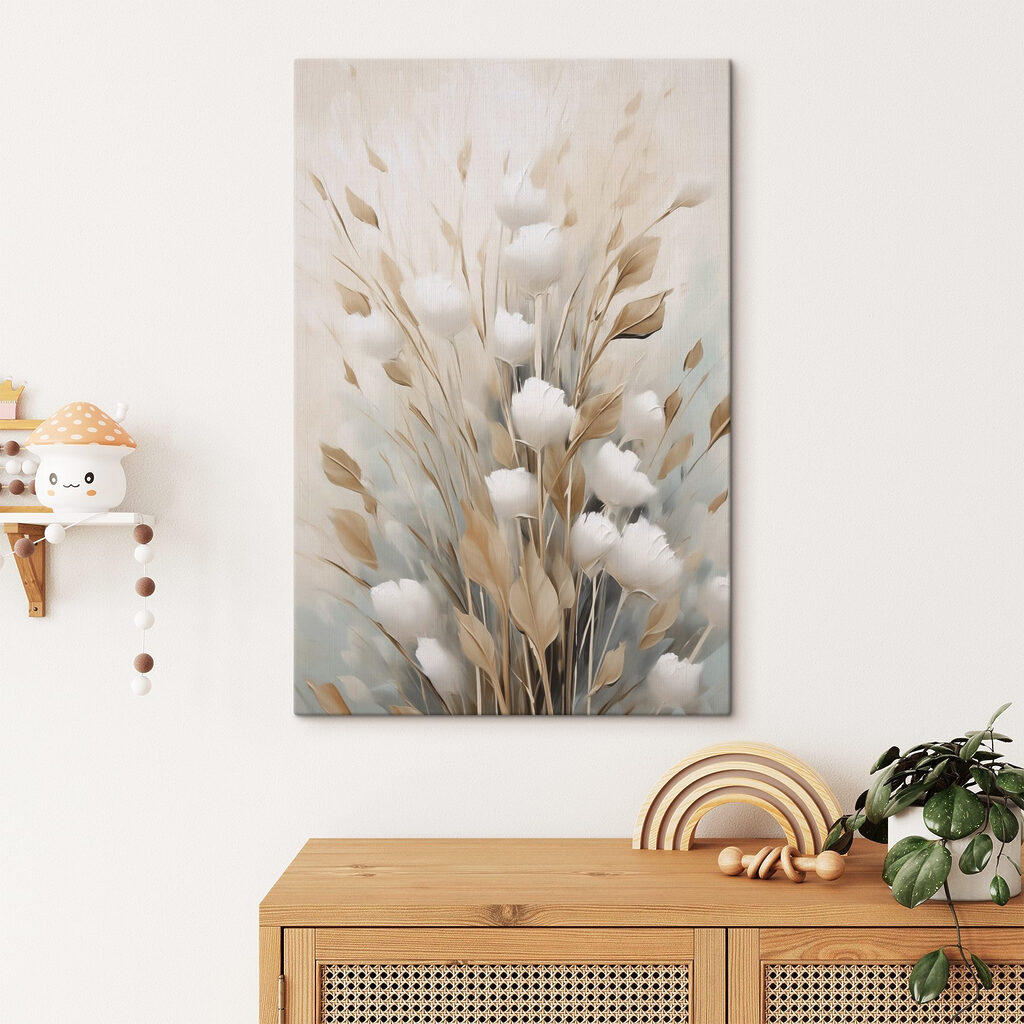Schilderij van bloemen en bladeren in een interieur