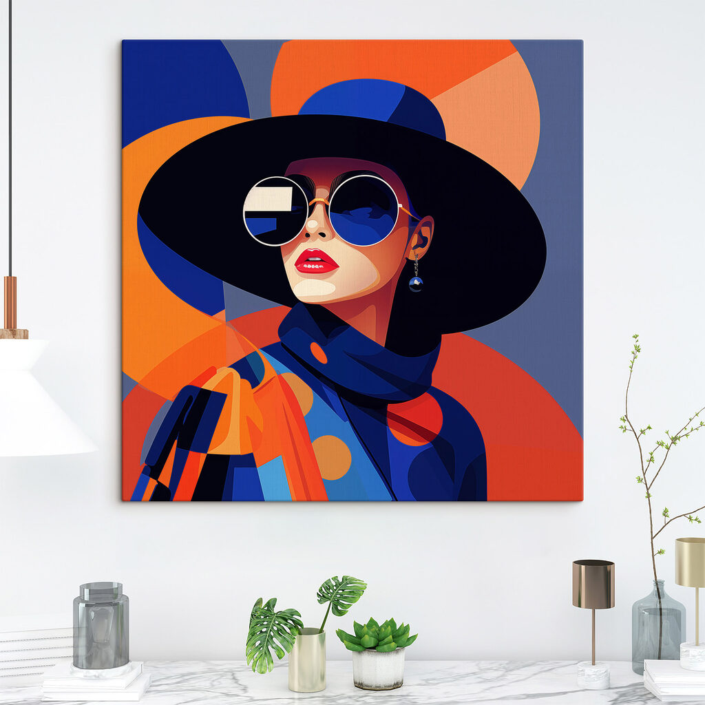 Vrouw met blauwe zonnebril — interieur 1