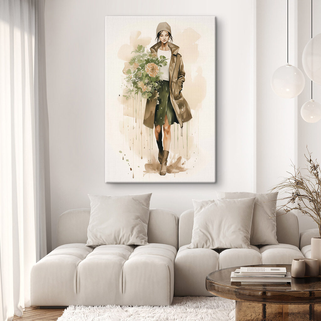 Vrouw met een boeket bloemen in haar handen in een interieur