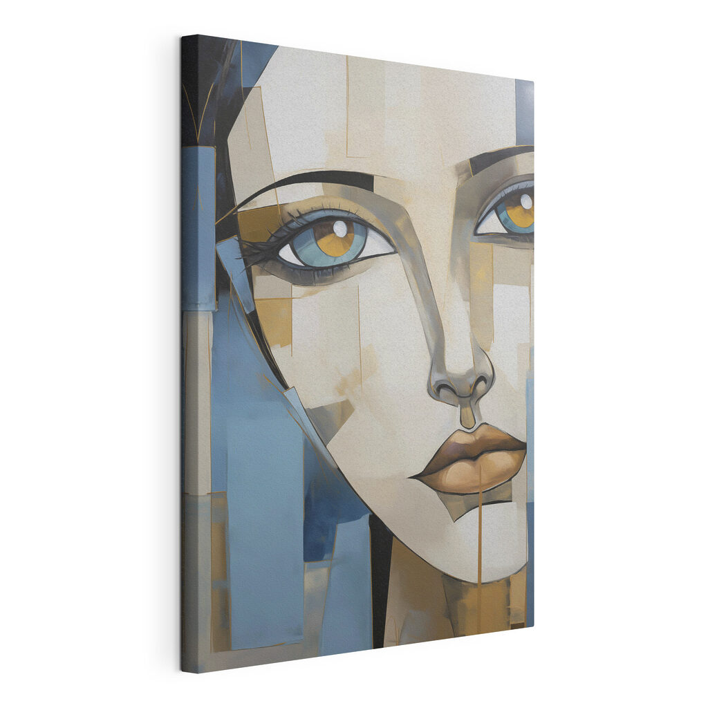 Schilderij van het gezicht van een vrouw, gespannen canvas met doorlopende rand
