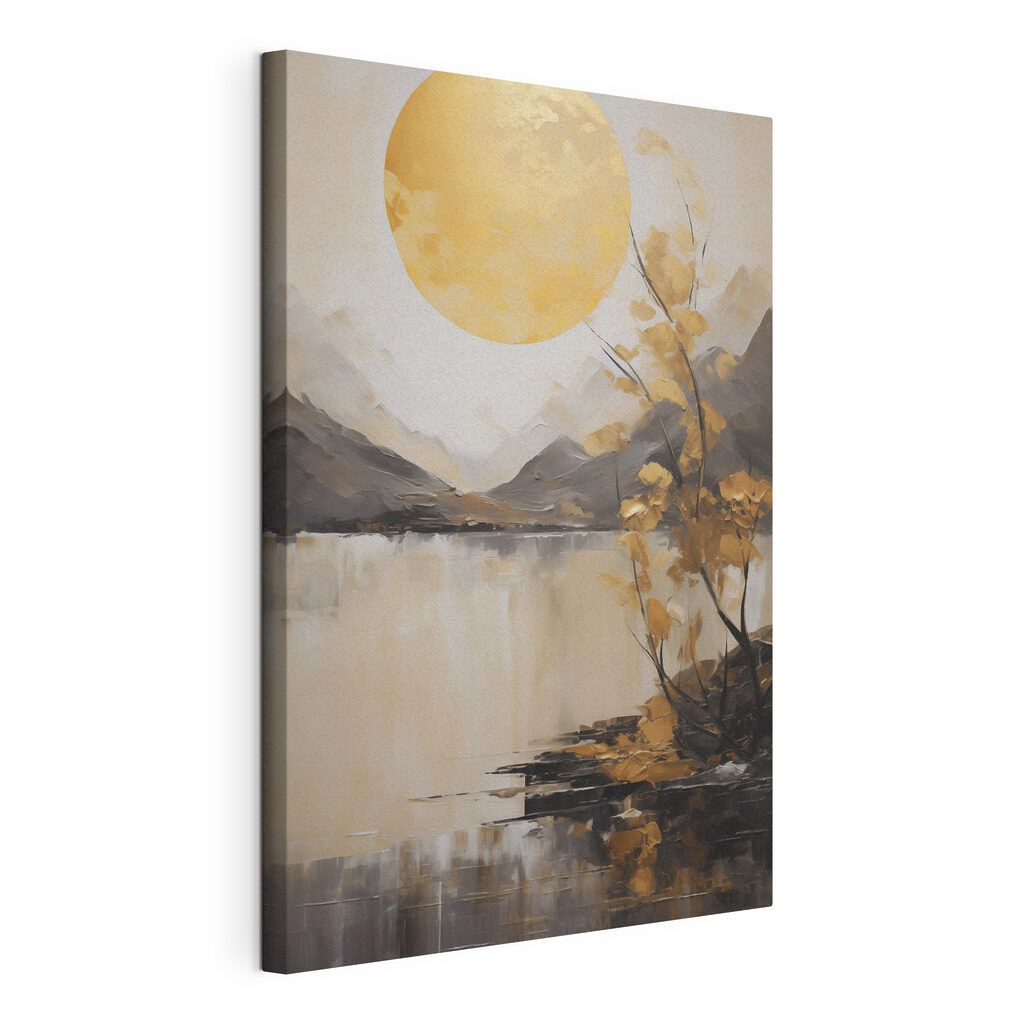 Schilderij van een boom en een meer, gespannen canvas met doorlopende rand