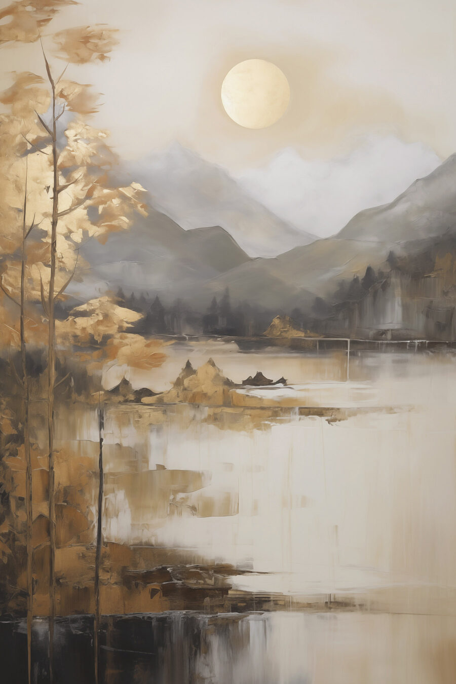 Schilderij van een meer met bergen en bomen — volledig ontwerp