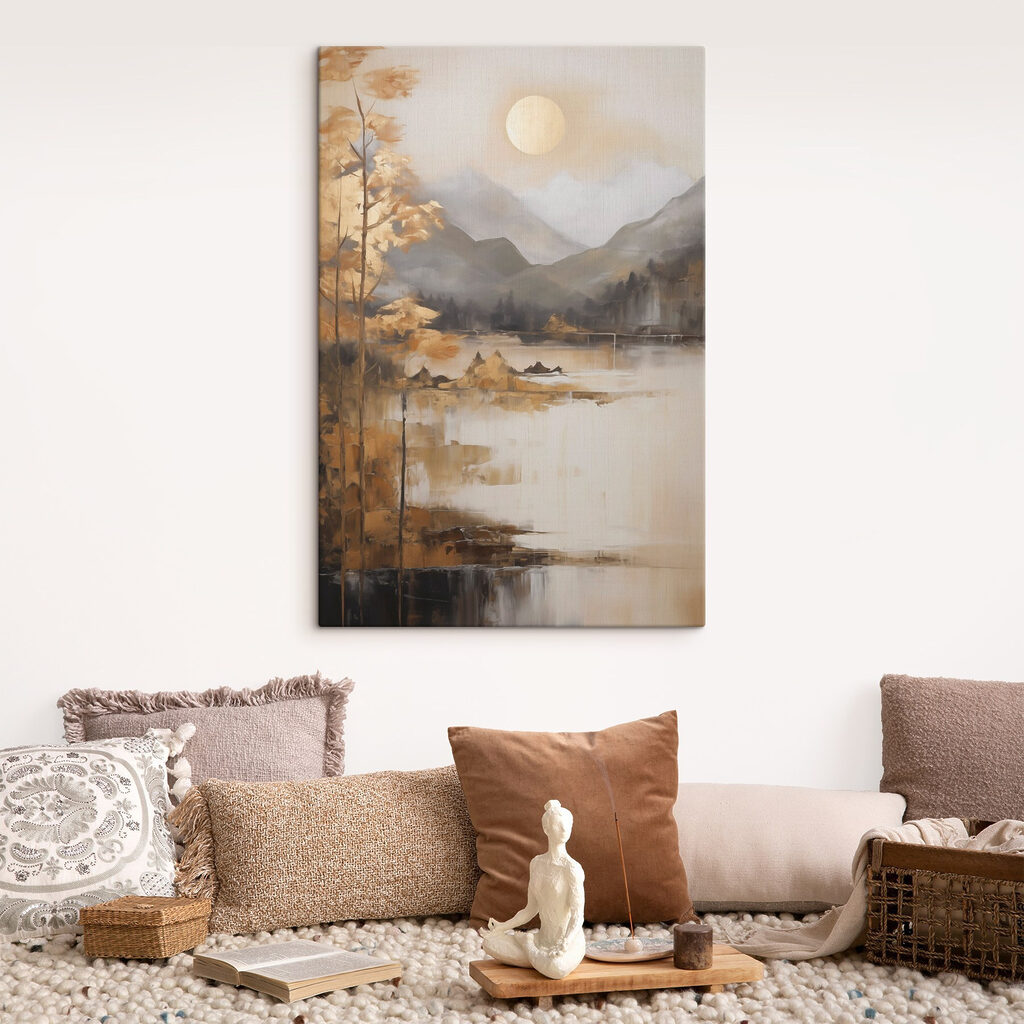 Schilderij van een meer met bergen en bomen — interieur 2