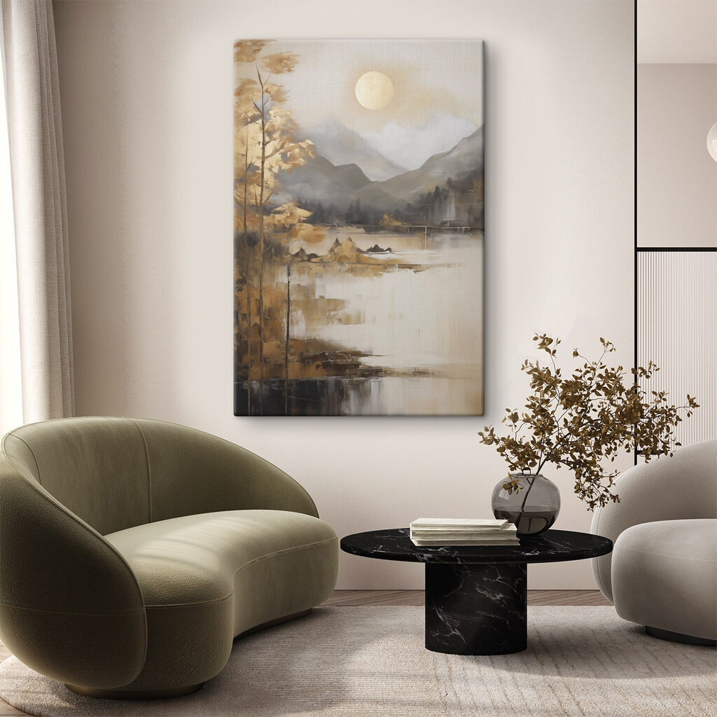 Schilderij van een meer met bergen en bomen — interieur 1