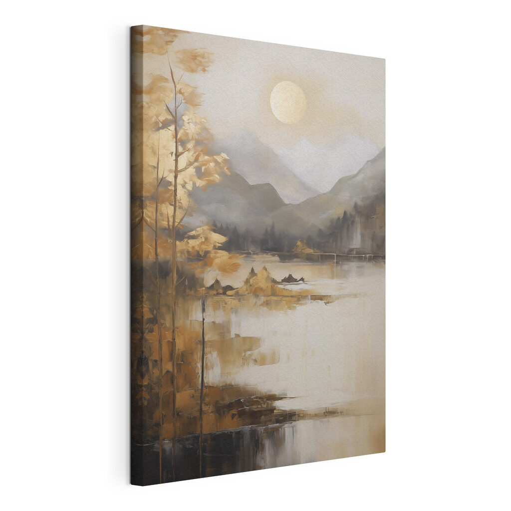 Schilderij van een meer met bergen en bomen, gespannen canvas met doorlopende rand