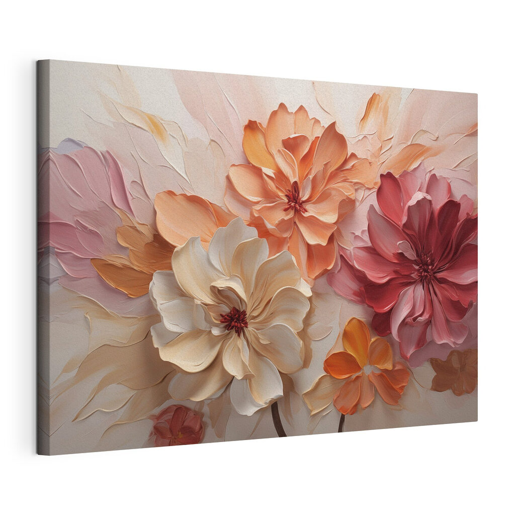 Levendige bloemkunst in zachte tinten, gespannen canvas met doorlopende rand