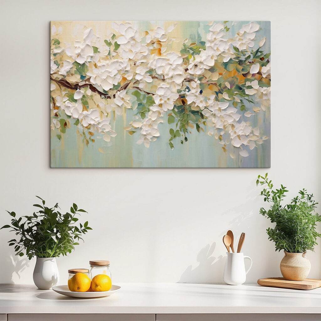 Schilderij van een witte bloem in een interieur