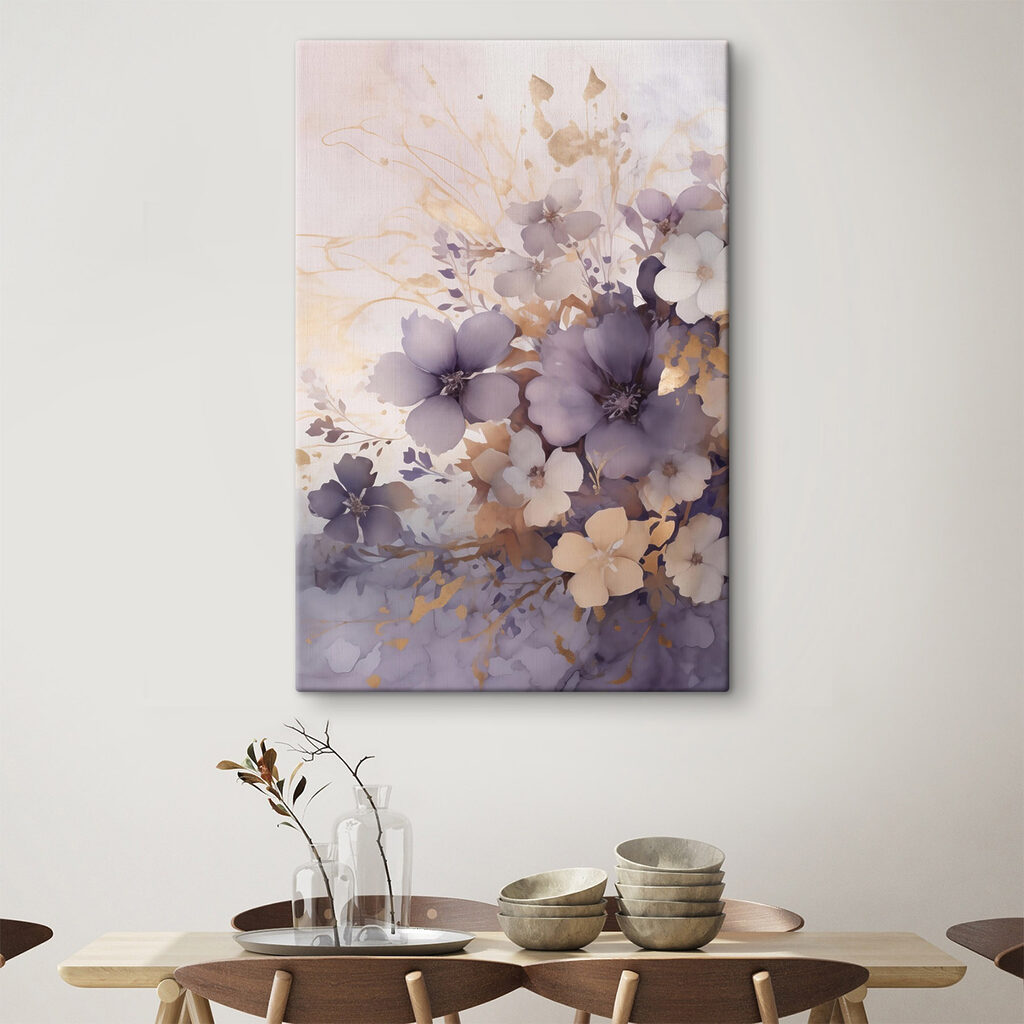 Lila bloementakken langs licht in een interieur