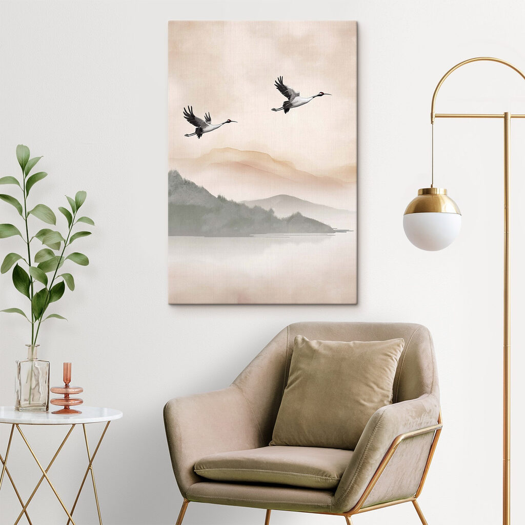 Twee vogels die over een meer vliegen in een interieur