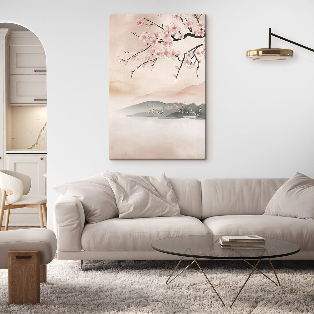 Schilderij van een boomtak met roze bloemen in een interieur