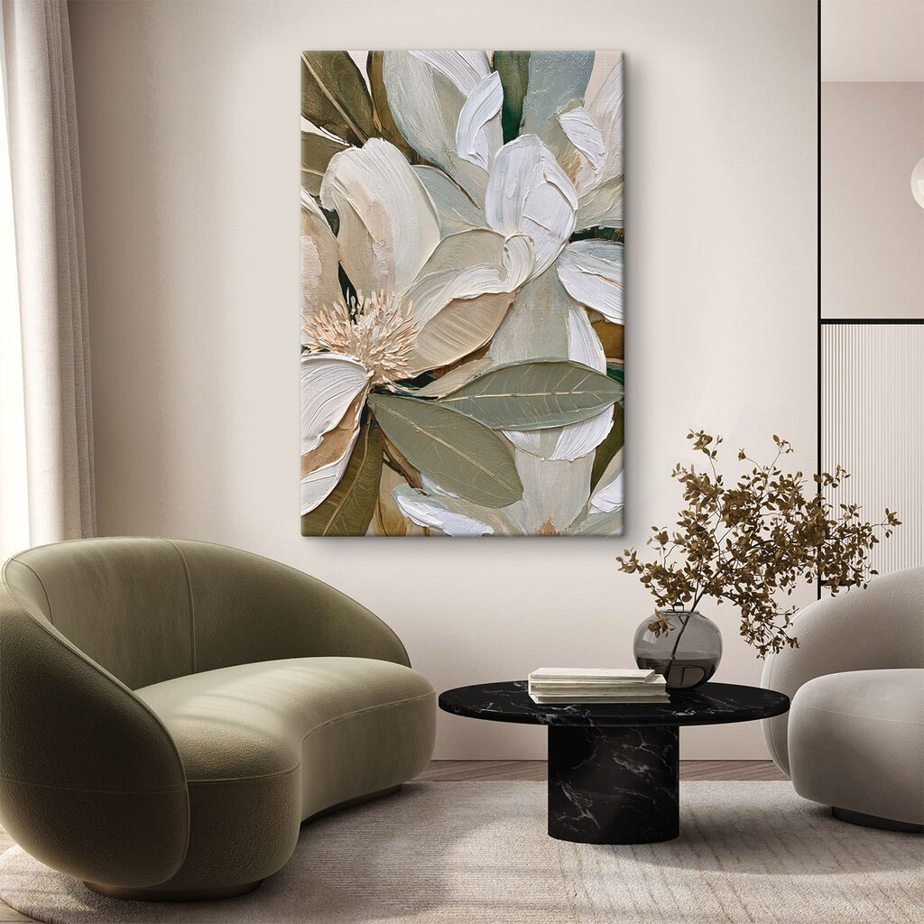 Witte bloesem tussen olijfblad — interieur 1
