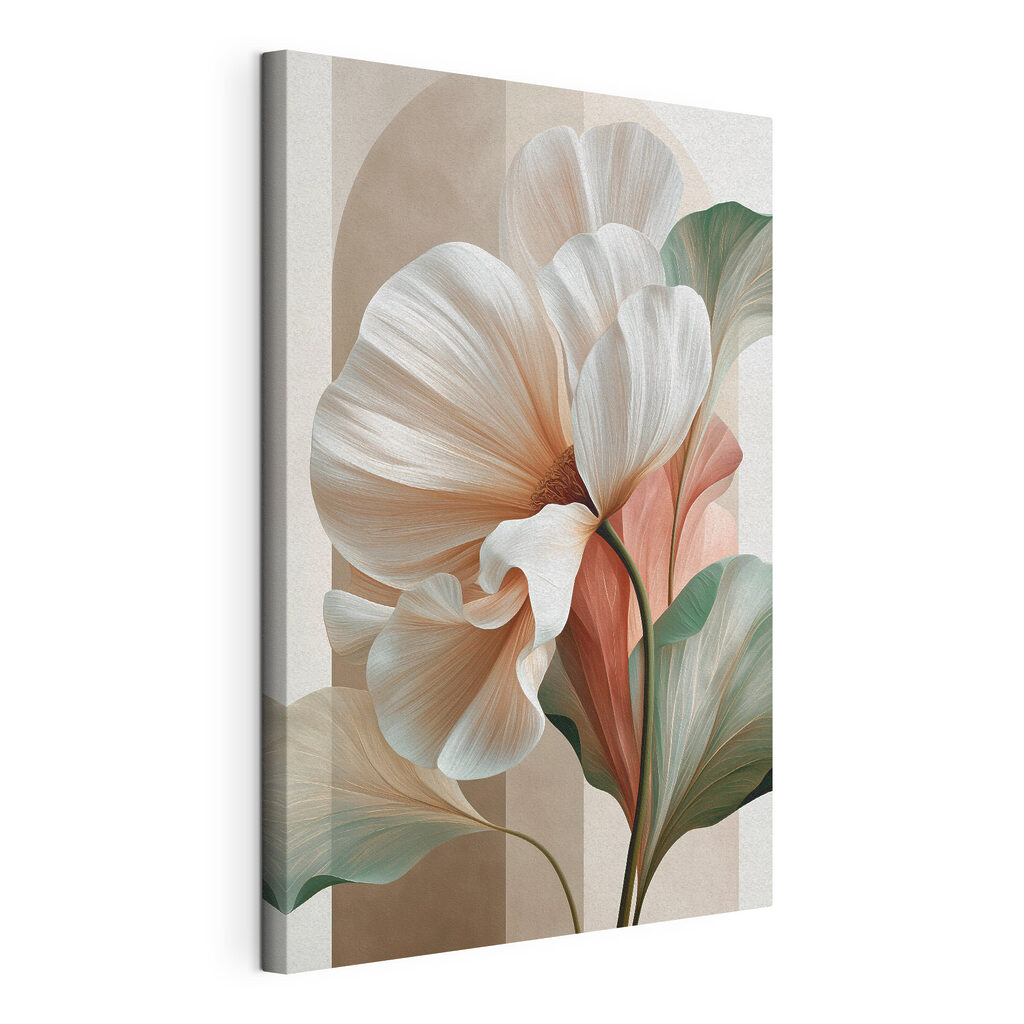 Witte kelk met pastelblad, gespannen canvas met doorlopende rand