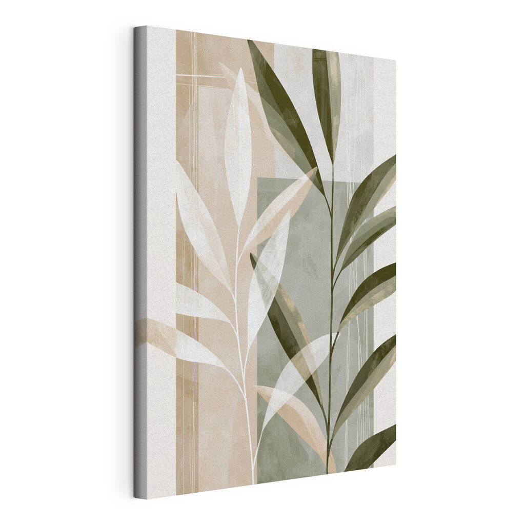 Groene takken langs wit, gespannen canvas met doorlopende rand