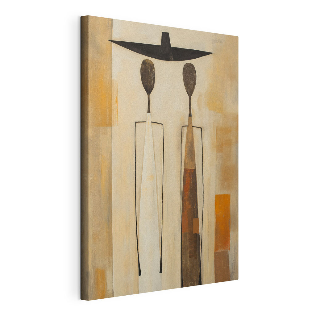 Schilderij van twee vazen met lepels, gespannen canvas met doorlopende rand