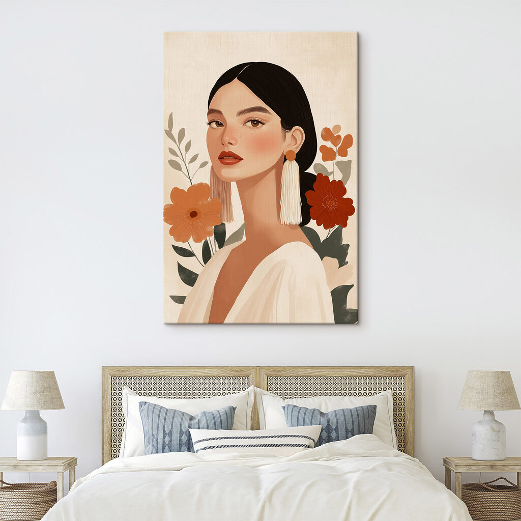 Vrouw met lange oorbellen en bloemen in een interieur