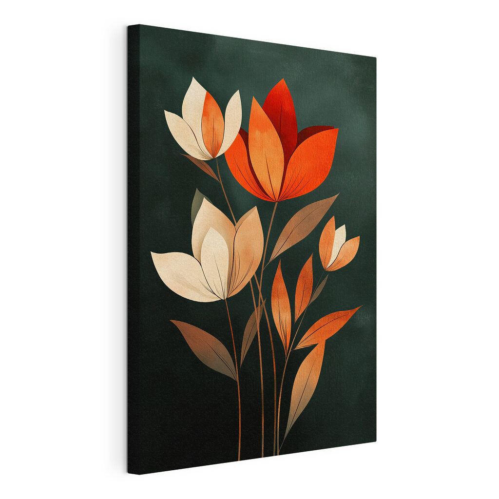 Schilderij van bloemen met bladeren, gespannen canvas met doorlopende rand