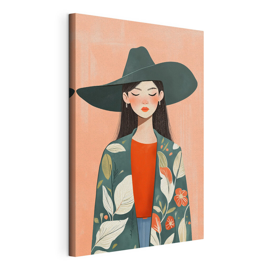 Vrouw met een hoed en een jas, gespannen canvas met doorlopende rand