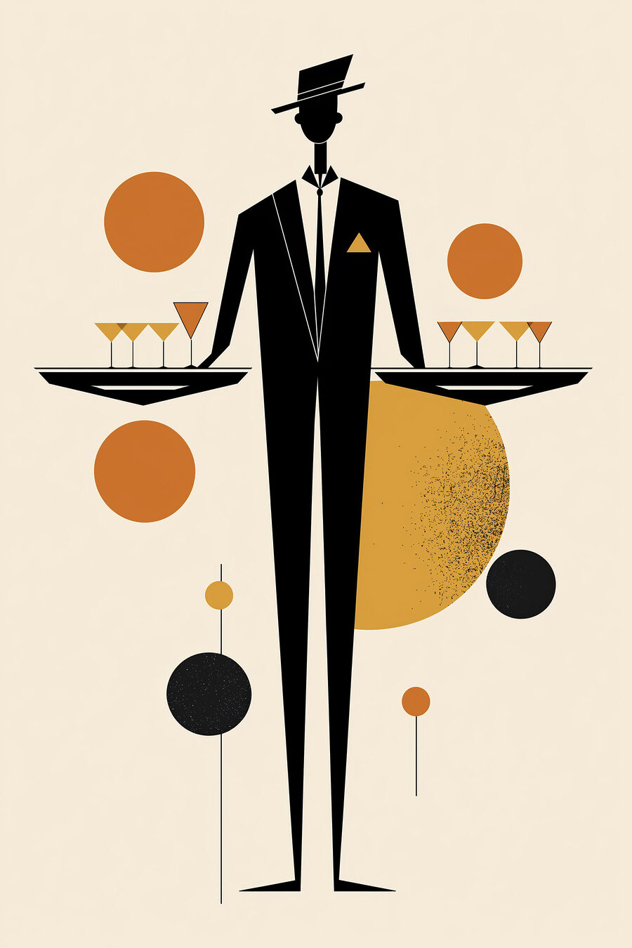 Een man in een smoking met een dienblad met drankjes in zijn handen — volledig ontwerp