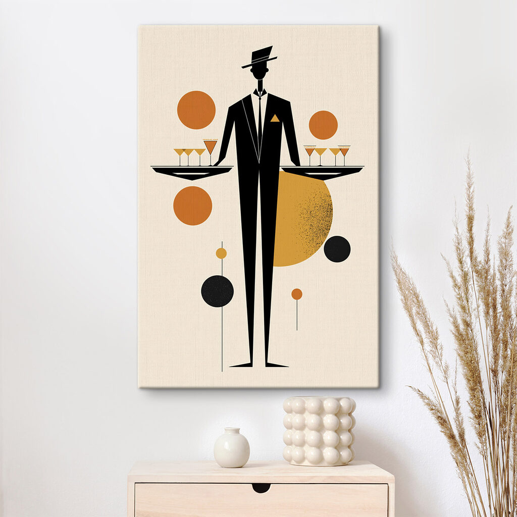 Een man in een smoking met een dienblad met drankjes in zijn handen — interieur 2