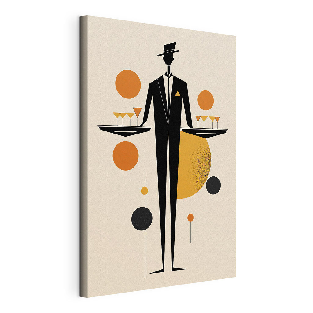 Een man in een smoking met een dienblad met drankjes in zijn handen, gespannen canvas met doorlopende rand