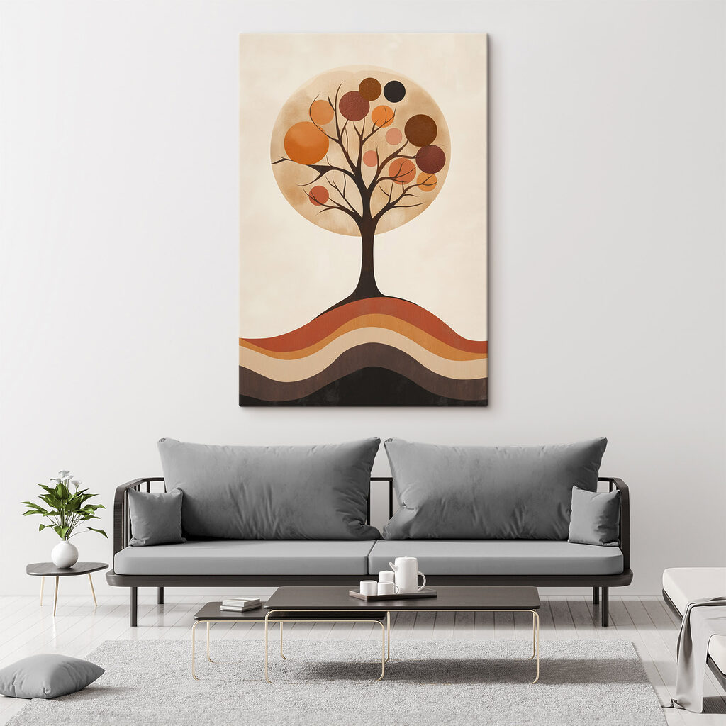 Boom met oranje cirkels en een bruin-witte cirkel — interieur 1