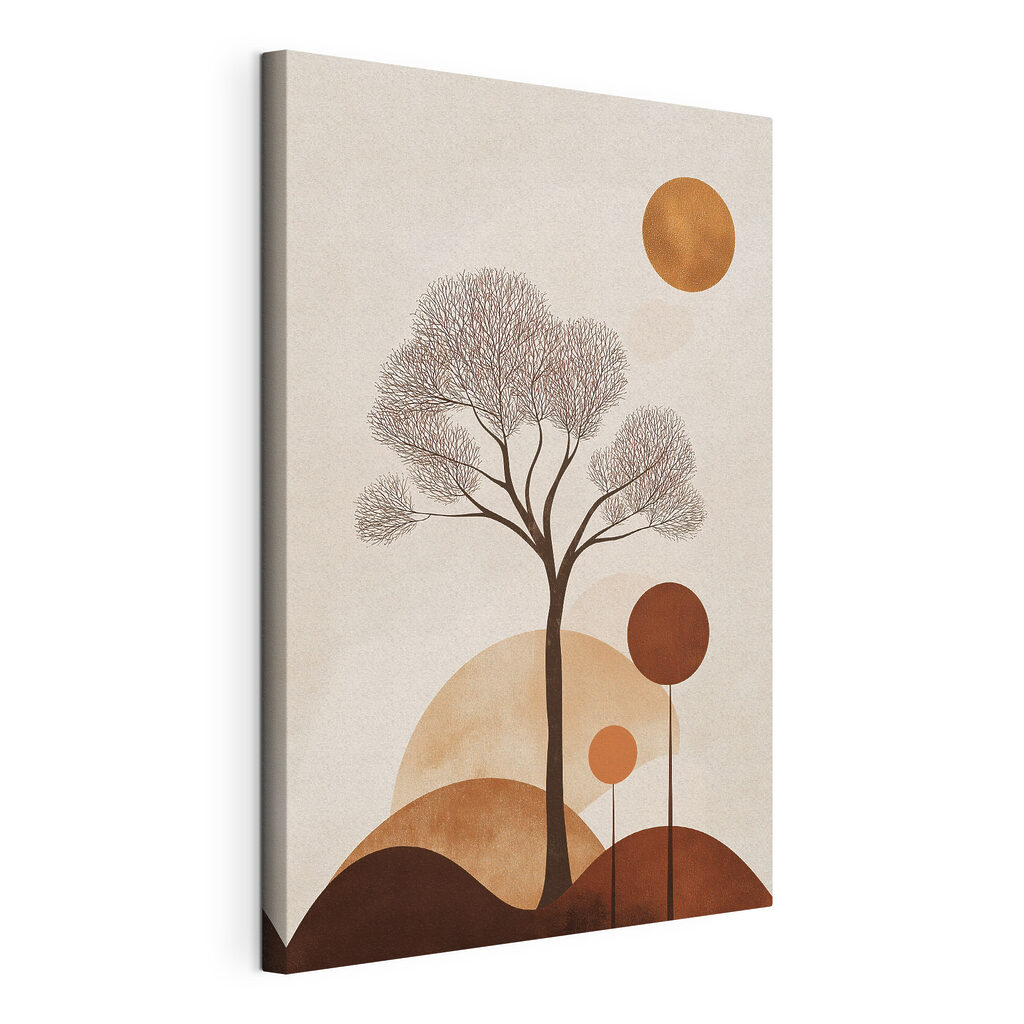 Boom met bruine cirkels en een witte achtergrond, gespannen canvas met doorlopende rand