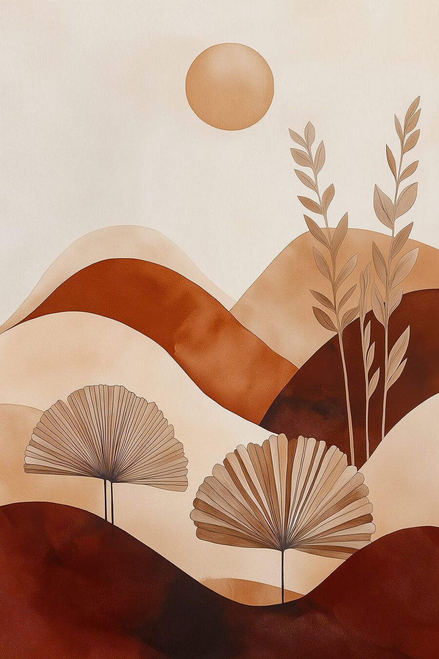 Schilderij van een landschap met planten en heuvels — volledig ontwerp
