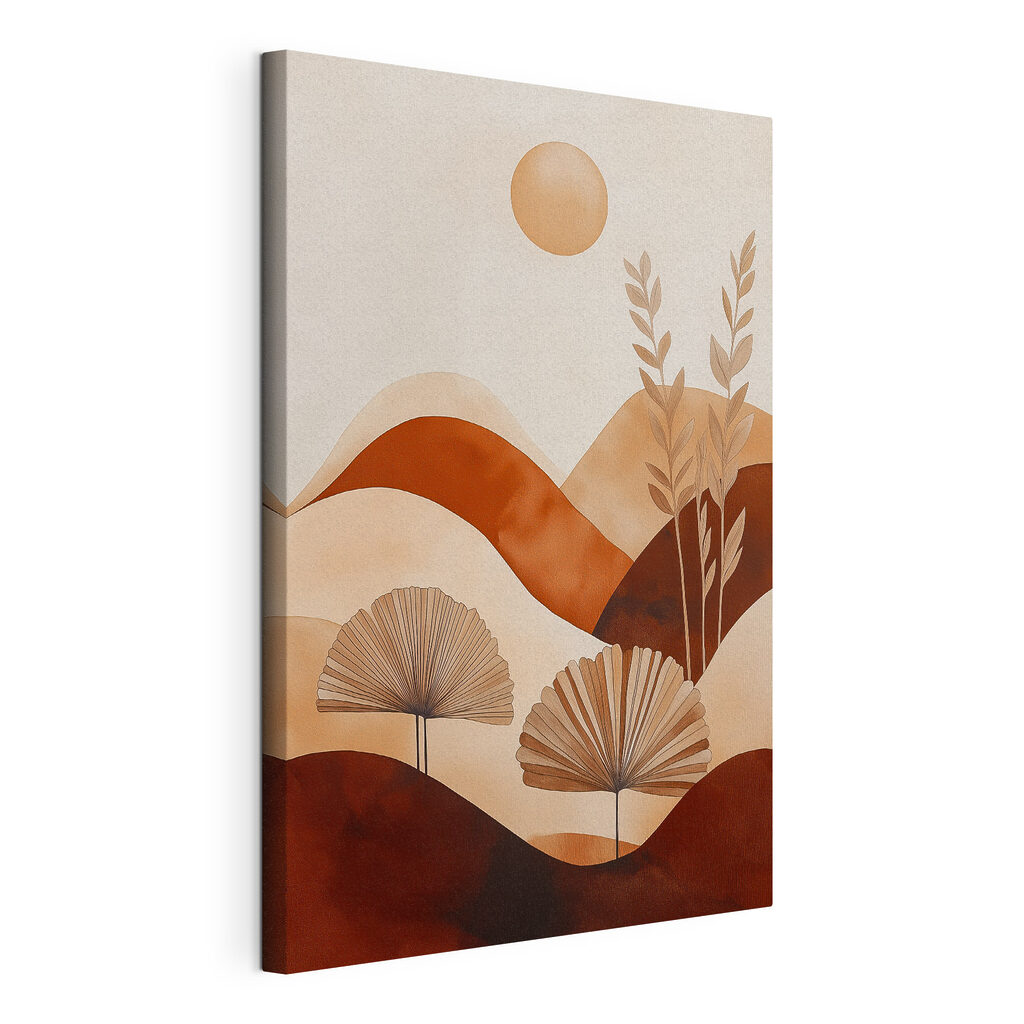 Schilderij van een landschap met planten en heuvels, gespannen canvas met doorlopende rand