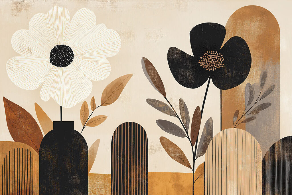 Zwartwitte bloemen voor boogvlakken — volledig ontwerp