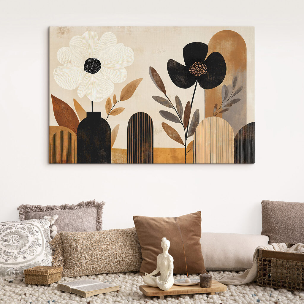 Schilderij van bloemen in vazen in een interieur
