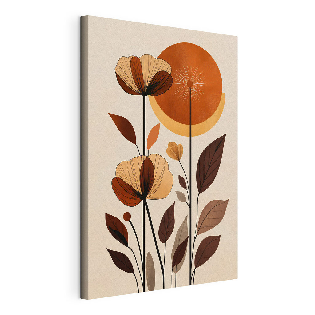 Elegant bloemmotief in aardetinten, gespannen canvas met doorlopende rand