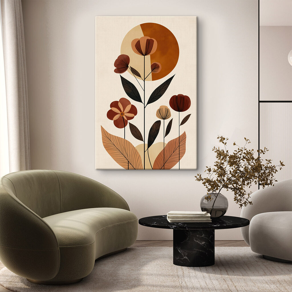 Oranje bloemen, donkere bladeren in een interieur