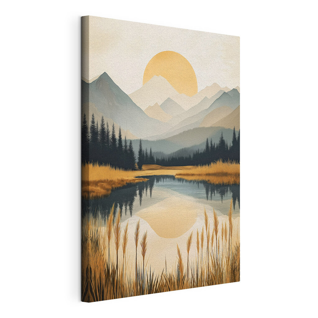 Landschap met een meer, bergen en bomen, gespannen canvas met doorlopende rand