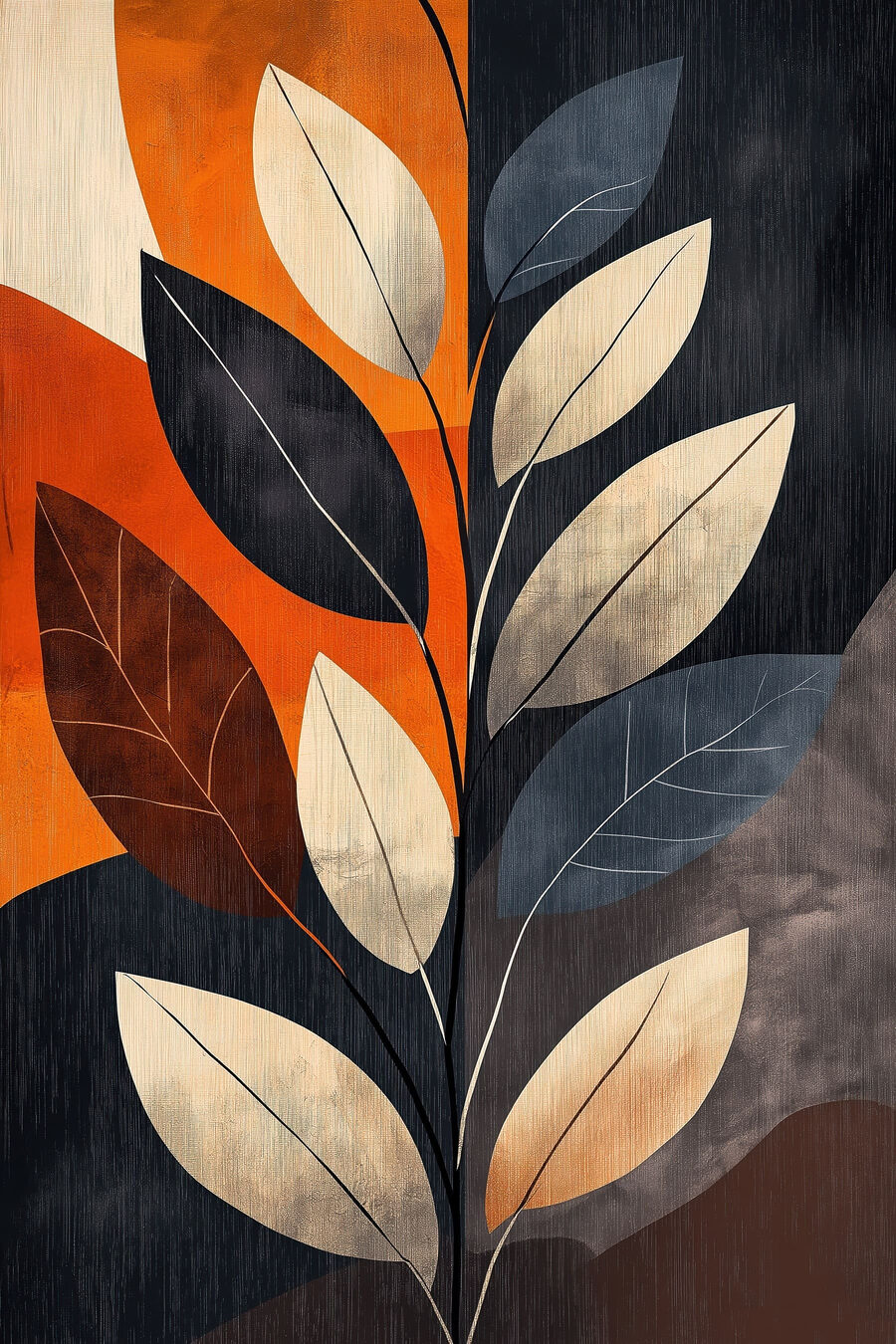 Kunstwerk met een kleurrijk, abstract bladmotief — volledig ontwerp