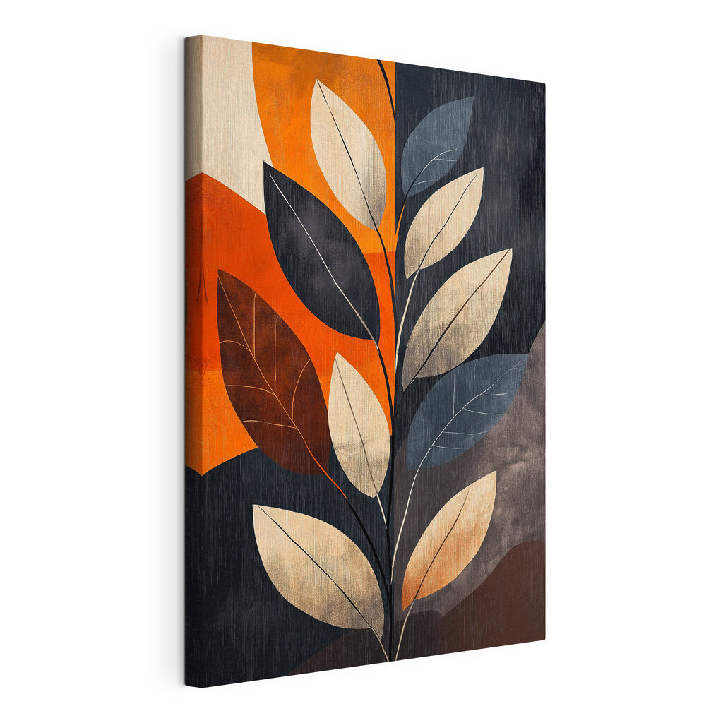 Kunstwerk met een kleurrijk, abstract bladmotief, gespannen canvas met doorlopende rand