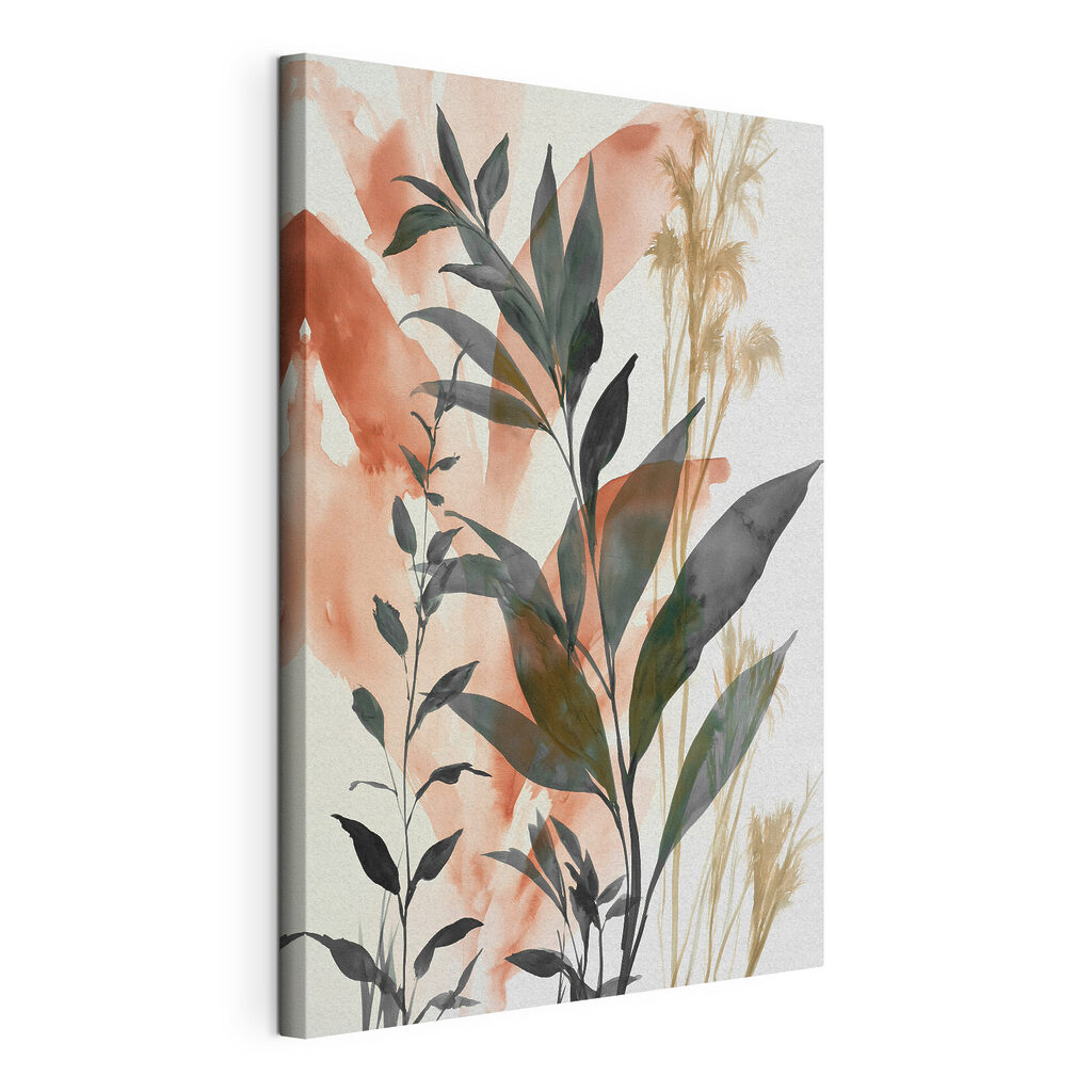 Groene twijgen naast terracotta, gespannen canvas met doorlopende rand