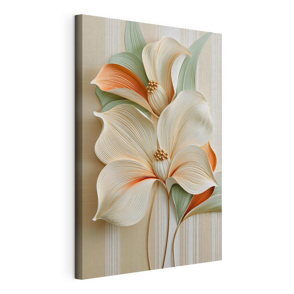 Witte bloemen met oranjeranden, gespannen canvas met doorlopende rand
