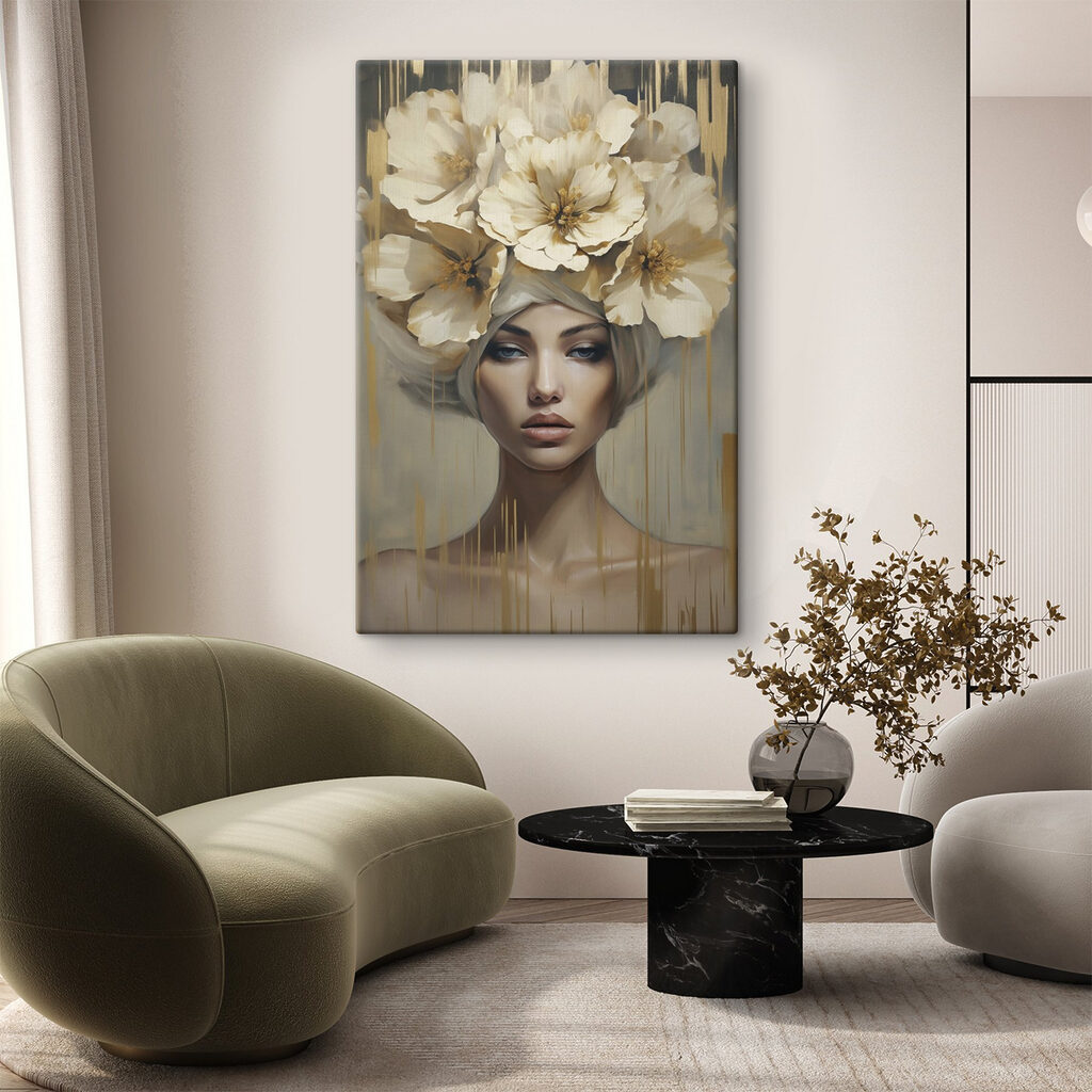 Vrouw onder witte bloemenkroon — interieur 2