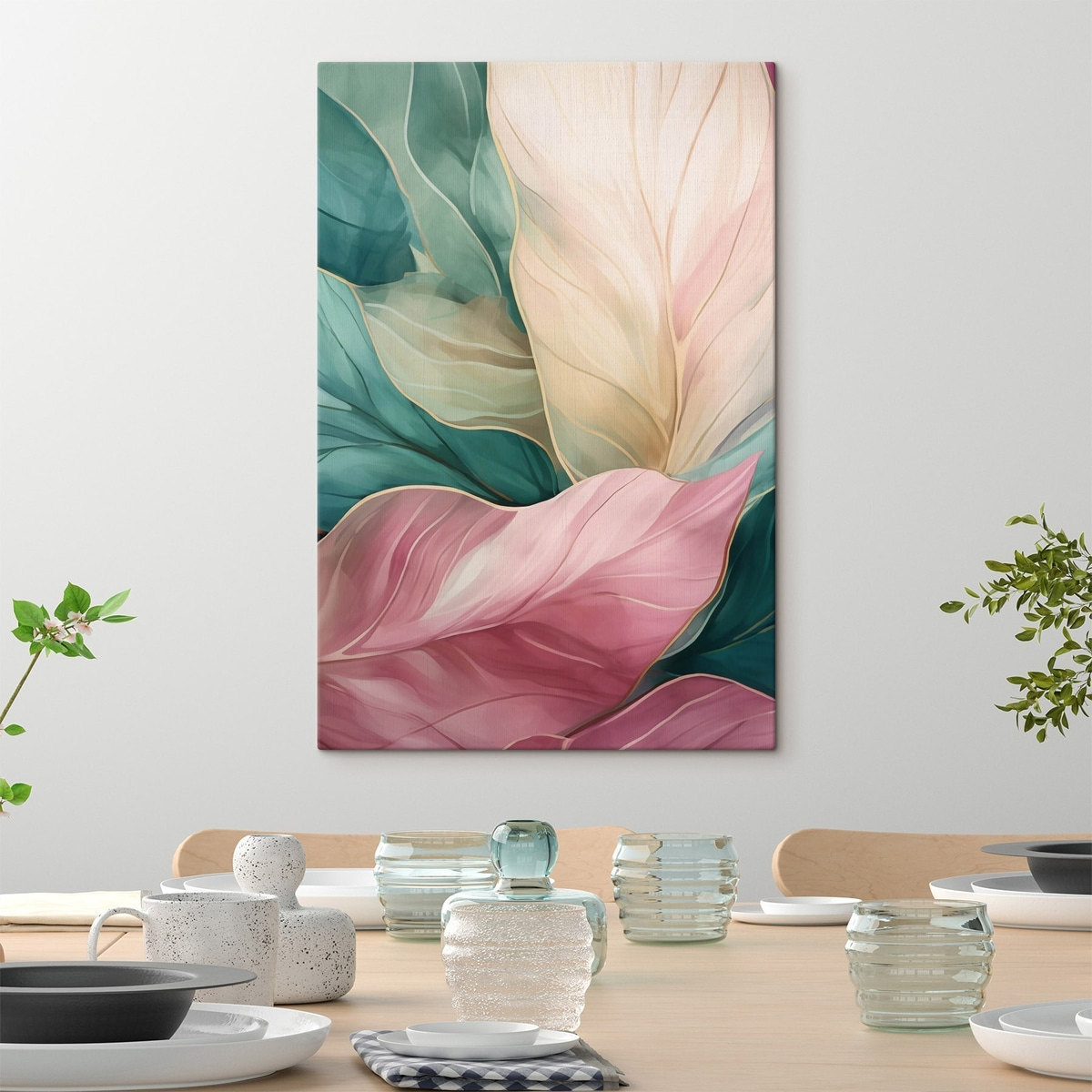 Smaragdgroene en roze tropische bladeren — interieur 1