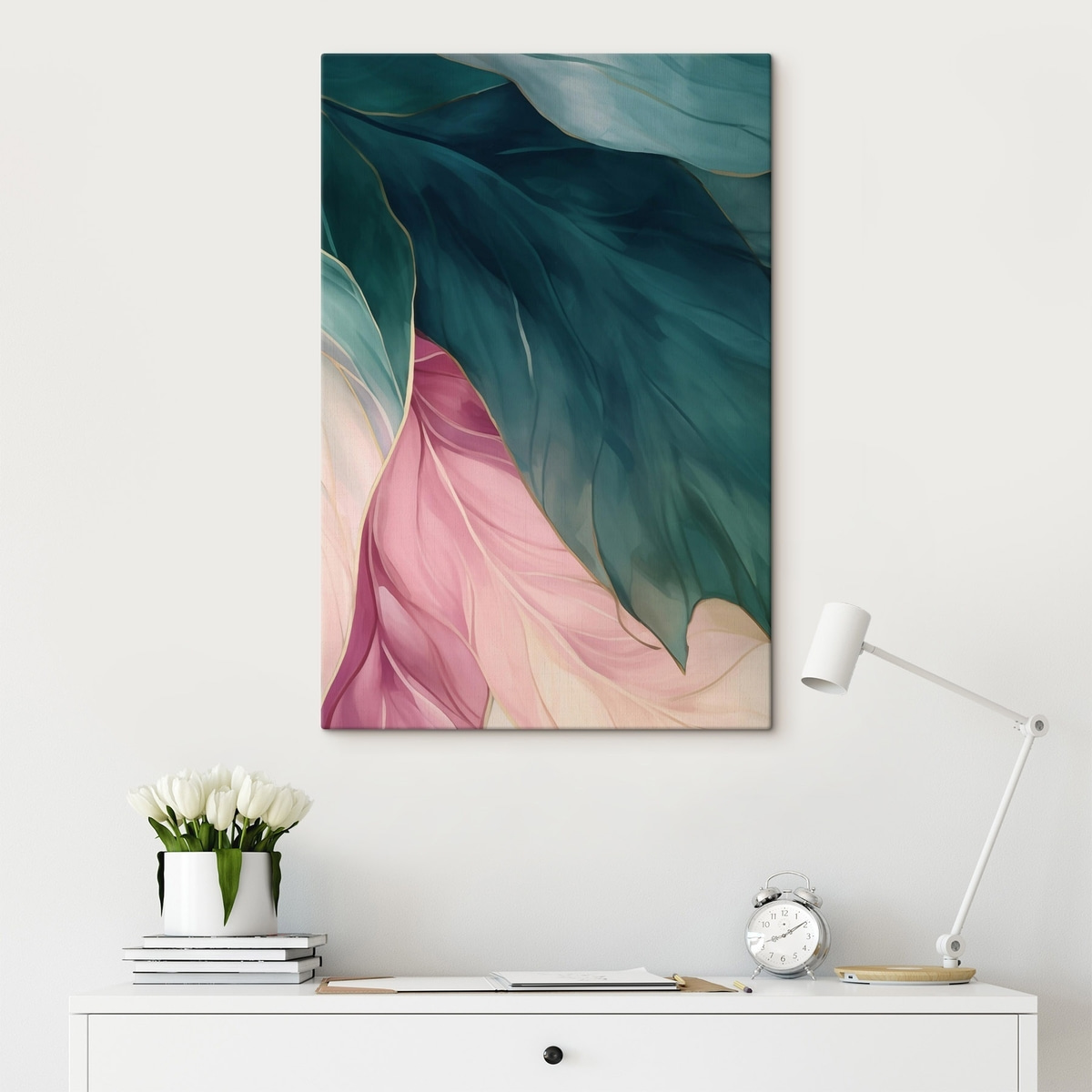 Donker turkoois en poederroze bladeren — interieur 2