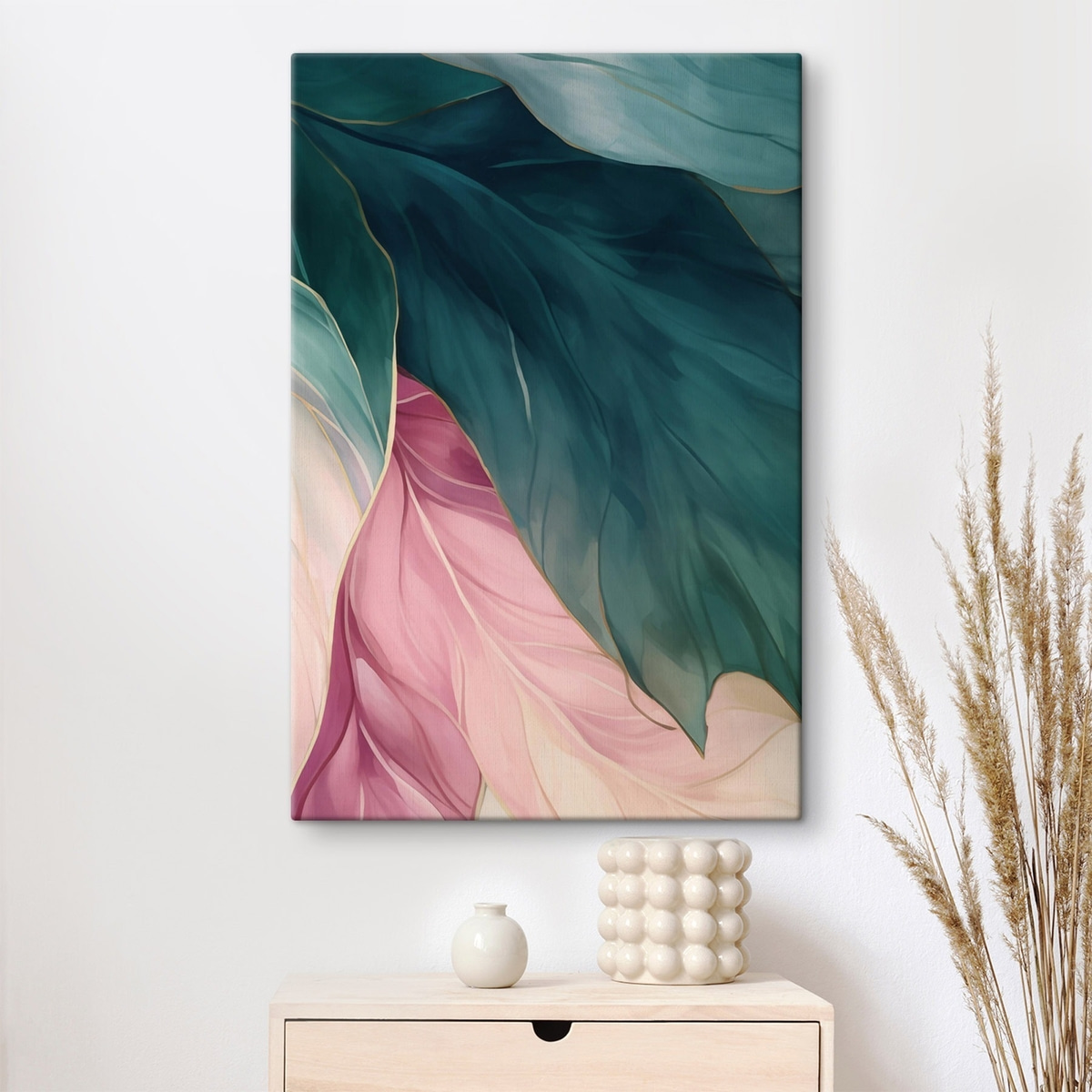Donker turkoois en poederroze bladeren — interieur 1