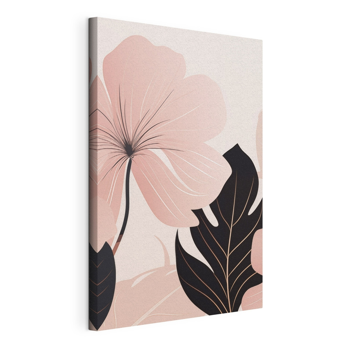 Roze bloem met een blad met zwarte accenten, gespannen canvas met doorlopende rand