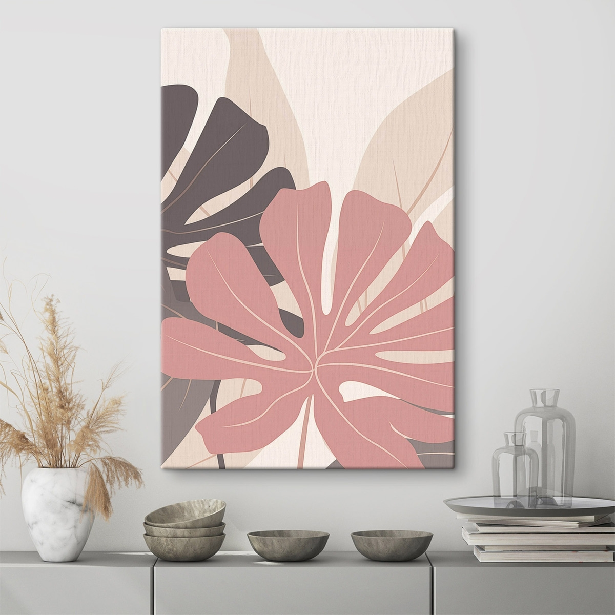 Roze en grijze tropische bladeren — interieur 1