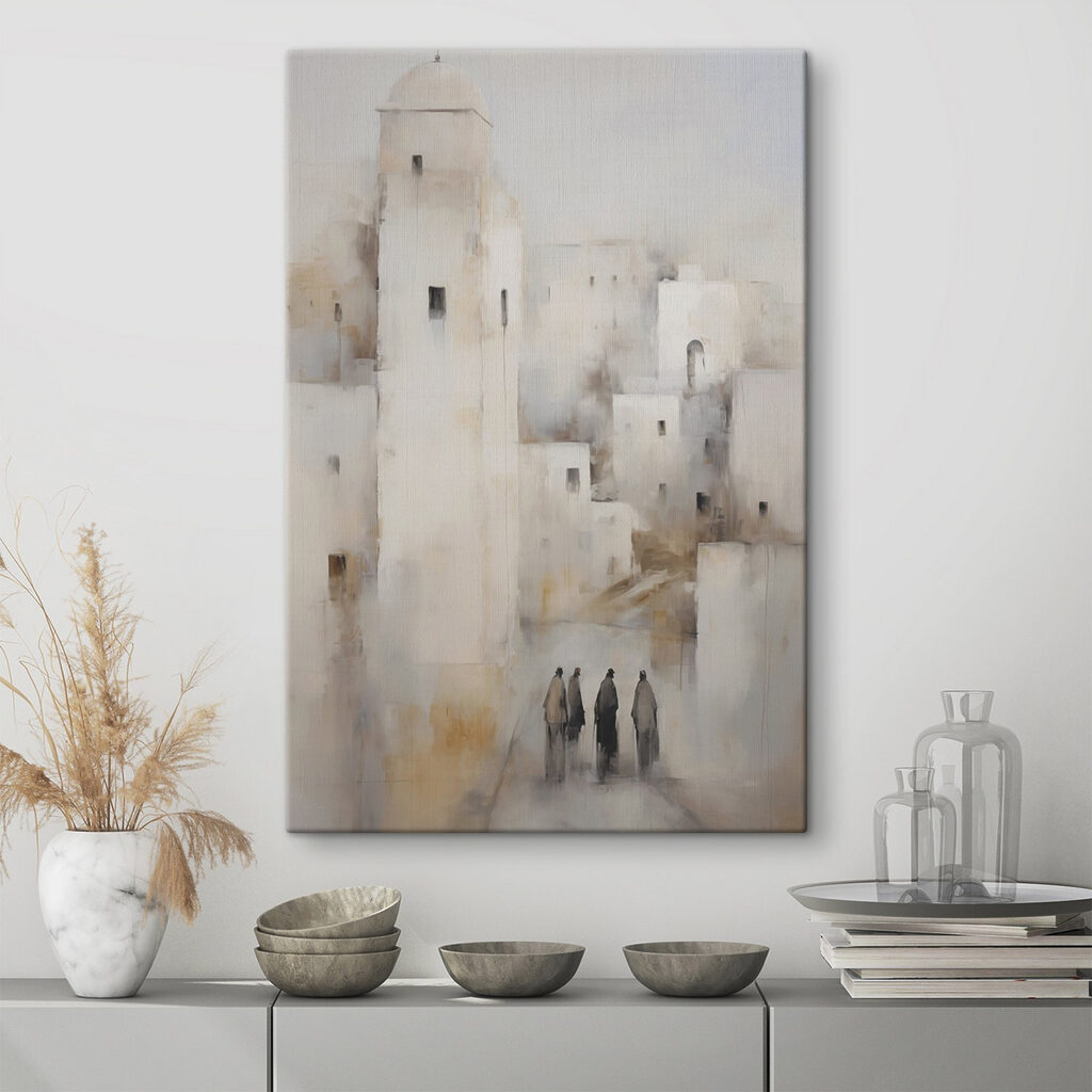 Witte stad met wandelaars in een interieur