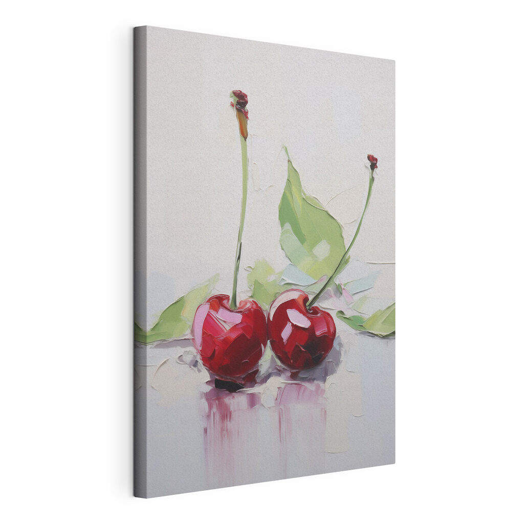 Twee kersen met blad, gespannen canvas met doorlopende rand