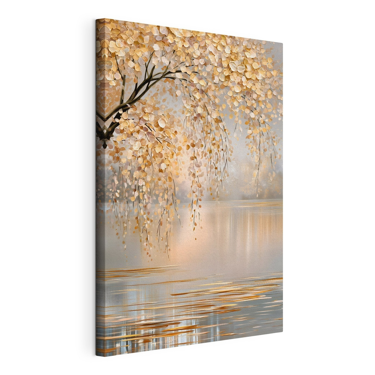 Gouden bladeren boven water, gespannen canvas met doorlopende rand